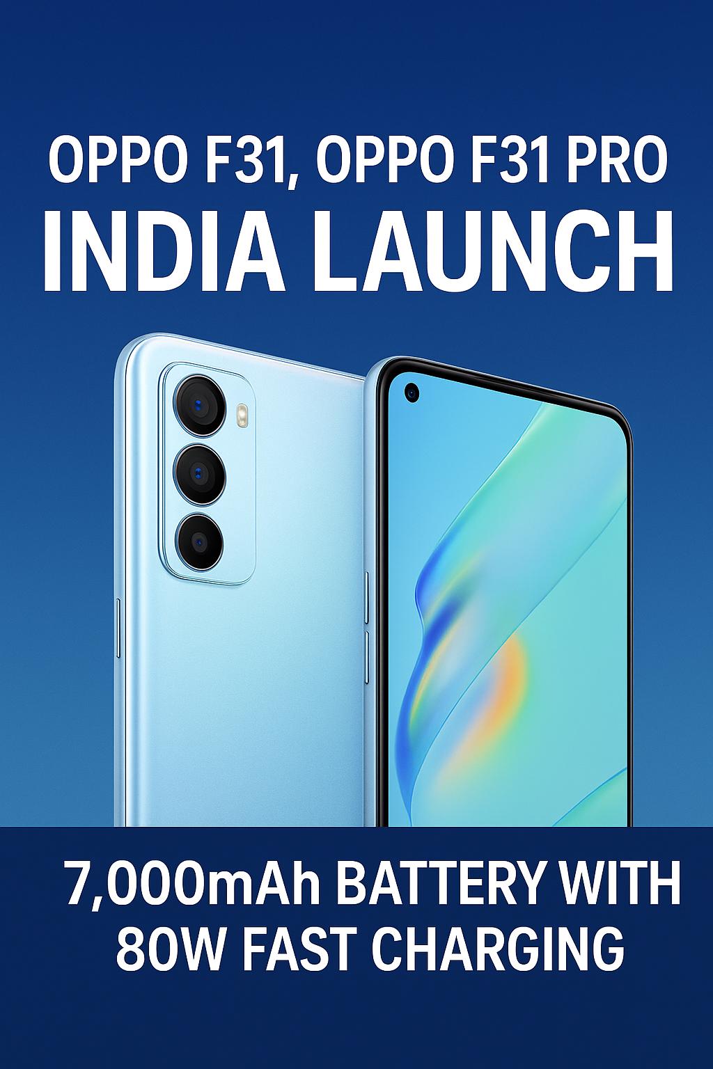 Oppo F31 and Oppo F31 Pro India launch poster highlighting 7,000mAh battery and 80W fast charging with sleek smartphone design.